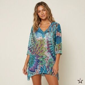 Creations Peacock Print Tunic Women L/XL‎ Blue Beaded V-Neck Boho Coastal Beach